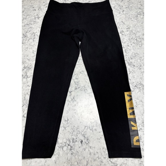 Dkny Pants - DKNY Sport Women's Black Leggings Size Large Gold Logo Stretch Athletic Pants